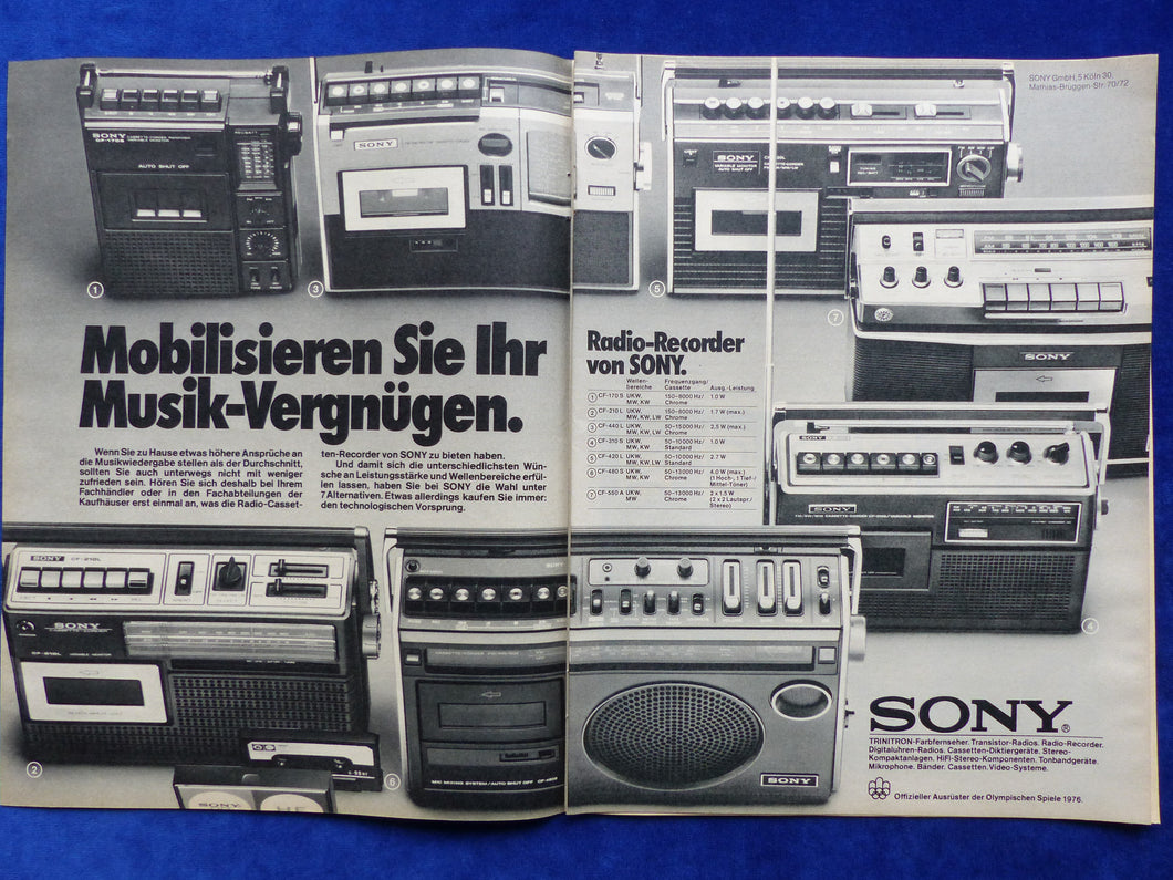 Sony Radio-Cassetten-Recorder - Werbeanzeige Reklame Advertisement 1976