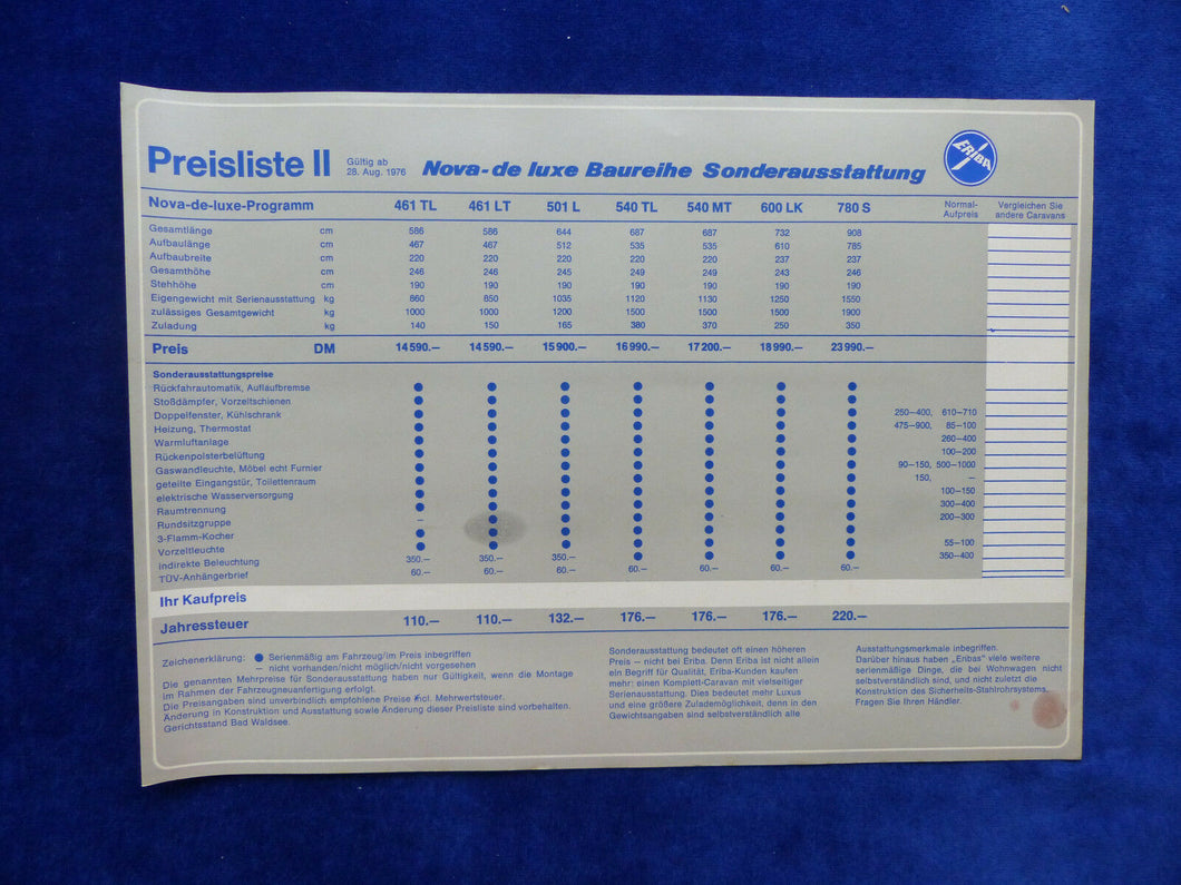 Eriba Nova de luxe Wohnwagen - Preisliste MJ 1977 - Prospekt Brochure 08.1976