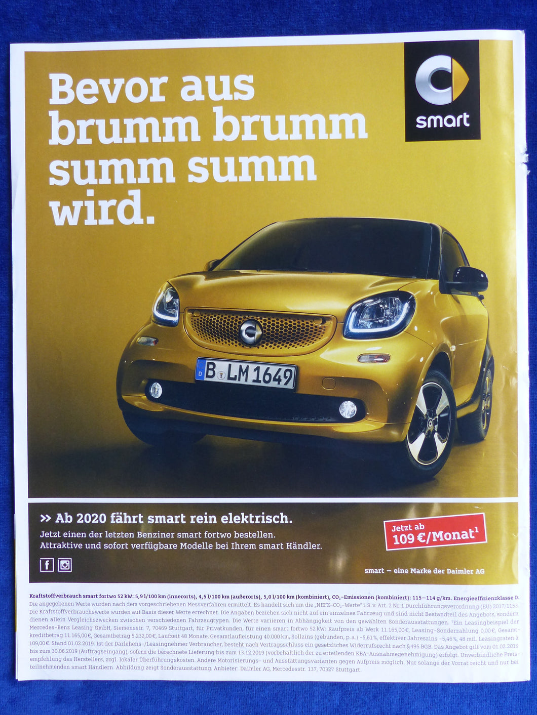 Smart fortwo Benziner - Werbeanzeige Reklame Advertisement 2019